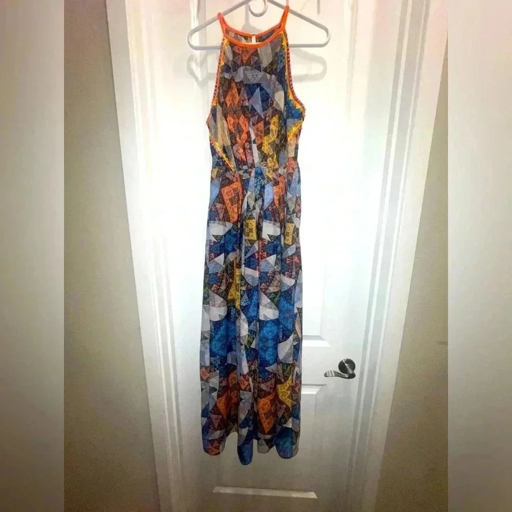 Rana Gill Multicolor Geometric Halter Top Empire Waist Maxi Dress Anthropologie
